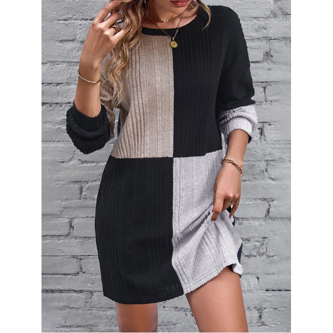 Black Ribbed Color Block Drop Shoulder Long Sleeve Mini Dress