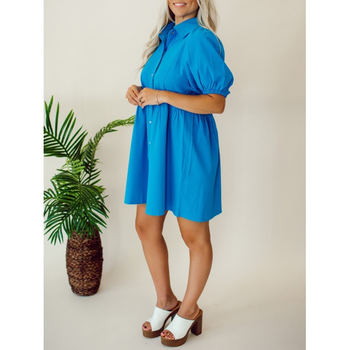 Blue Button Bubble Sleeve Shirt Dress