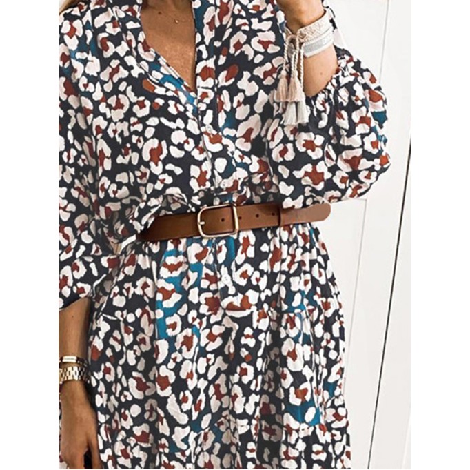 Blue Leopard Print Bubble Sleeve Ruffled Shirt Dress