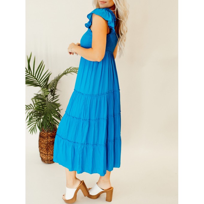 Blue pleated ruffled mid length dress