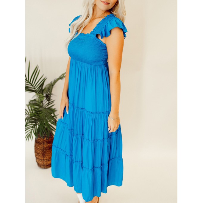 Blue pleated ruffled mid length dress