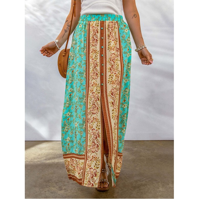 BOHO CONTRAST COLOR FLORAL PRINT BUTTON SLIT MAXI SKIRT