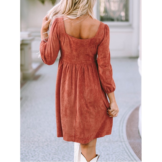 Brown Suede Square Neck Puff Sleeve Dress