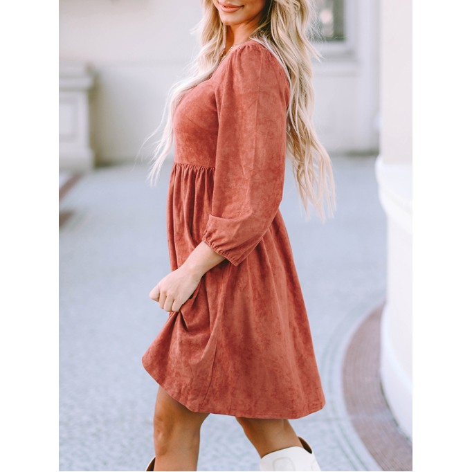 Brown Suede Square Neck Puff Sleeve Dress