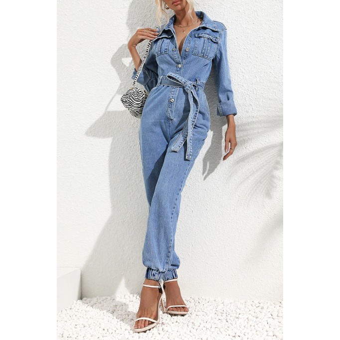 Casual Street Solid Bandage Pocket Turndown Collar Long Sleeve Regular Denim Jumpsuits