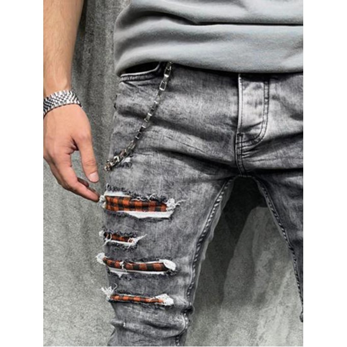 Checkered Chain Tight Perforated Jeans