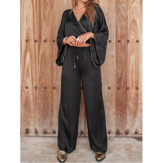 Elastic waist tied wide leg pants