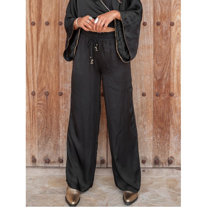 Elastic waist tied wide leg pants