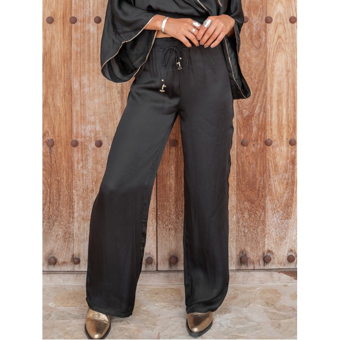 Elastic waist tied wide leg pants