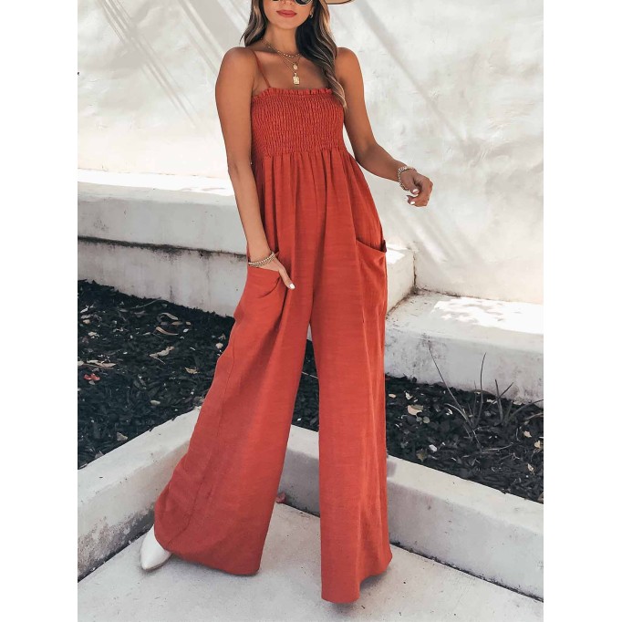 Fashion Living Solid Pocket Spaghetti Strap Loose Jumpsuits