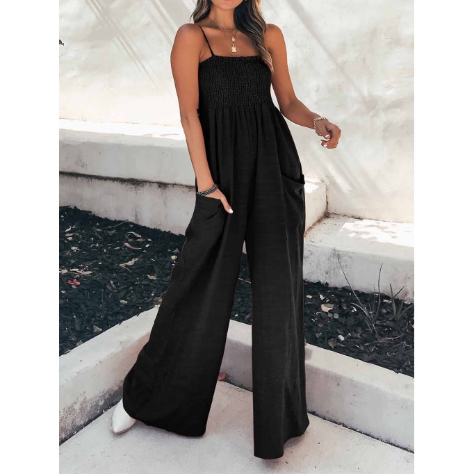 Fashion Living Solid Pocket Spaghetti Strap Loose Jumpsuits