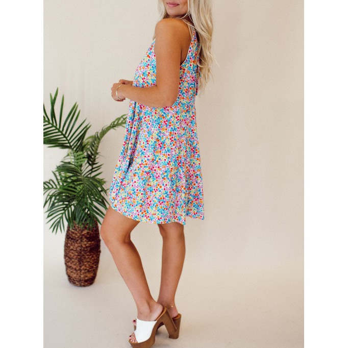 Floral patterned lace up hollowed out dress