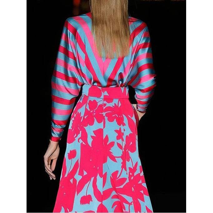 Floral Print Deep V-Neck Long Sleeve Floor Length Dress