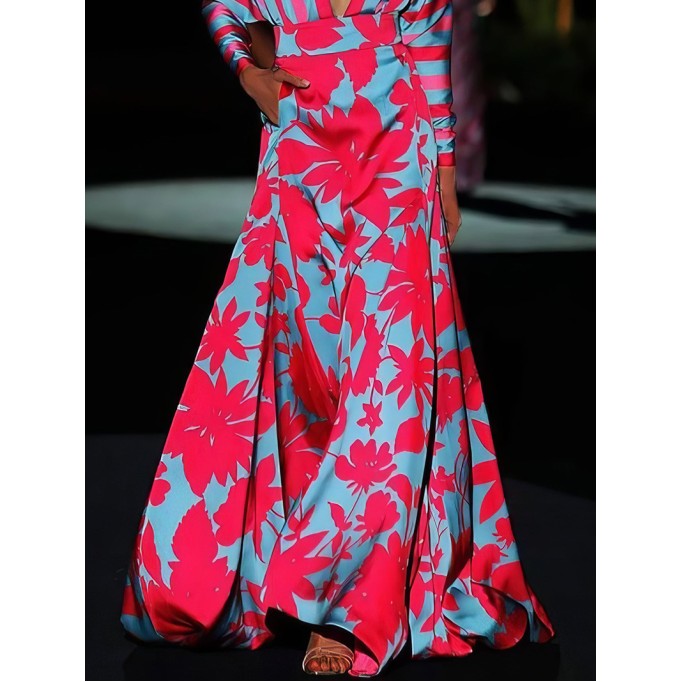 Floral Print Deep V-Neck Long Sleeve Floor Length Dress