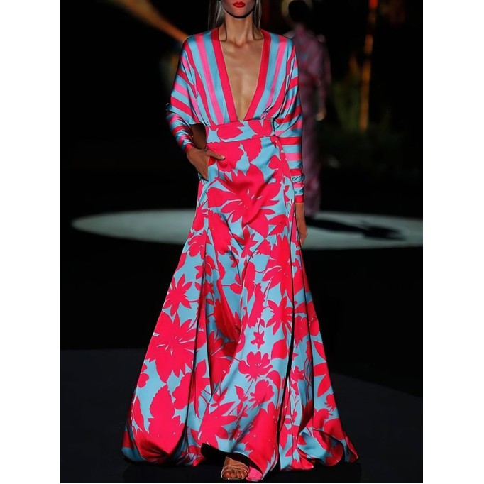 Floral Print Deep V-Neck Long Sleeve Floor Length Dress