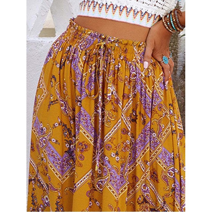 FLORAL PRINT RUFFLED DRAWSTRING BOHO MAXI SKIRT