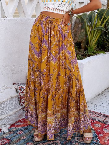 FLORAL PRINT RUFFLED DRAWSTRING BOHO MAXI SKIRT