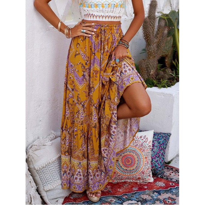 FLORAL PRINT RUFFLED DRAWSTRING BOHO MAXI SKIRT