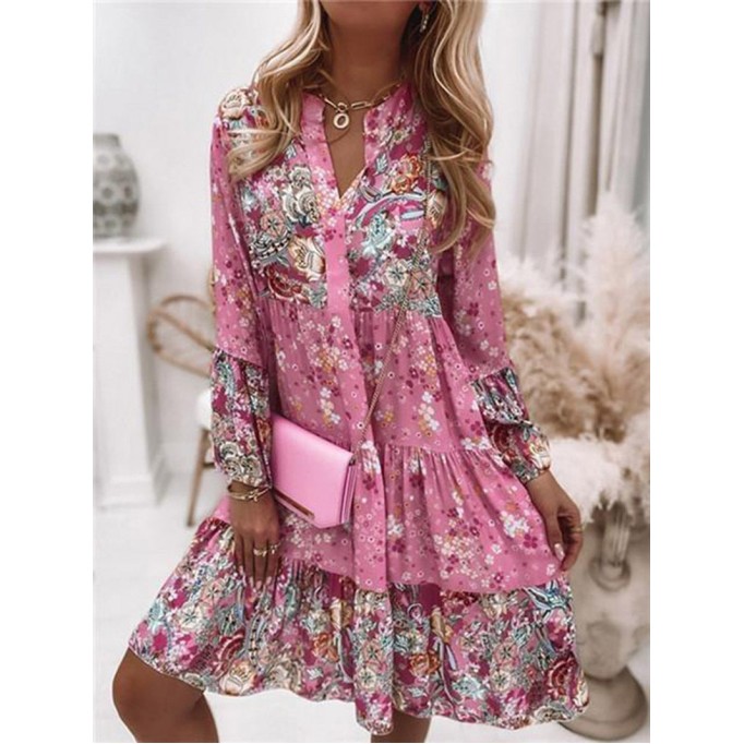 Floral Ruffle Smocked Print V Neck Casual Flare Mini Dress