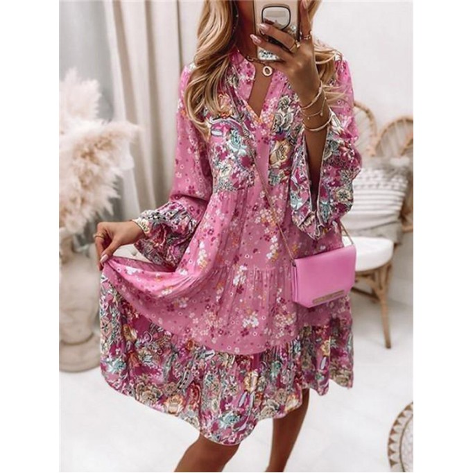 Floral Ruffle Smocked Print V Neck Casual Flare Mini Dress