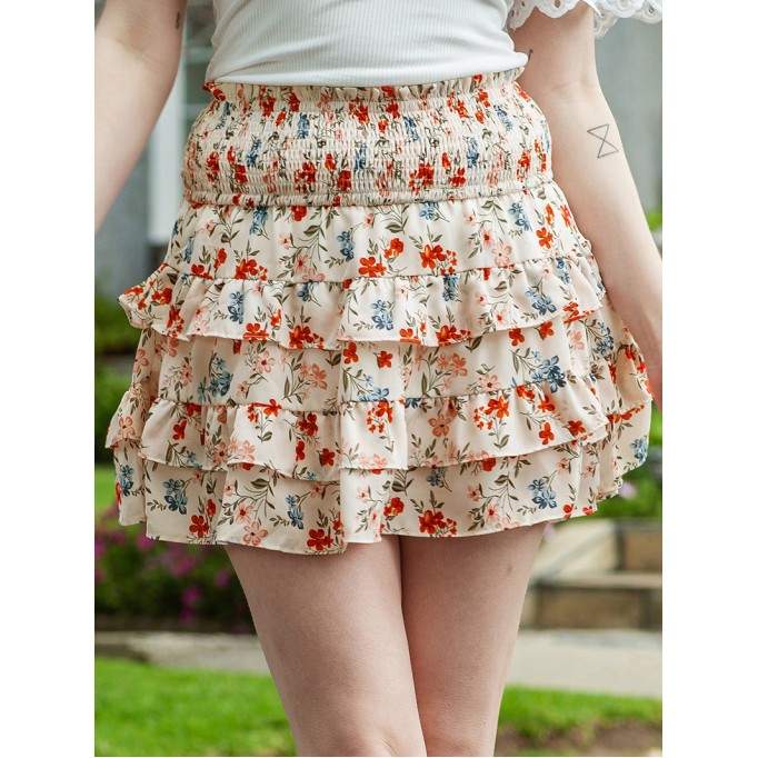 FLORAL SHIRRED RUFFLE FLARED CASUAL SKIRTS