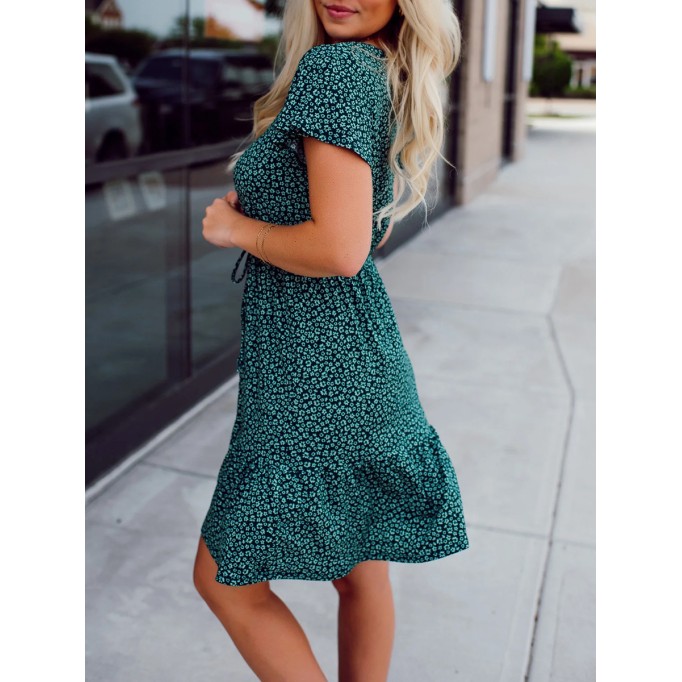 Green Flower Pattern Button Dress