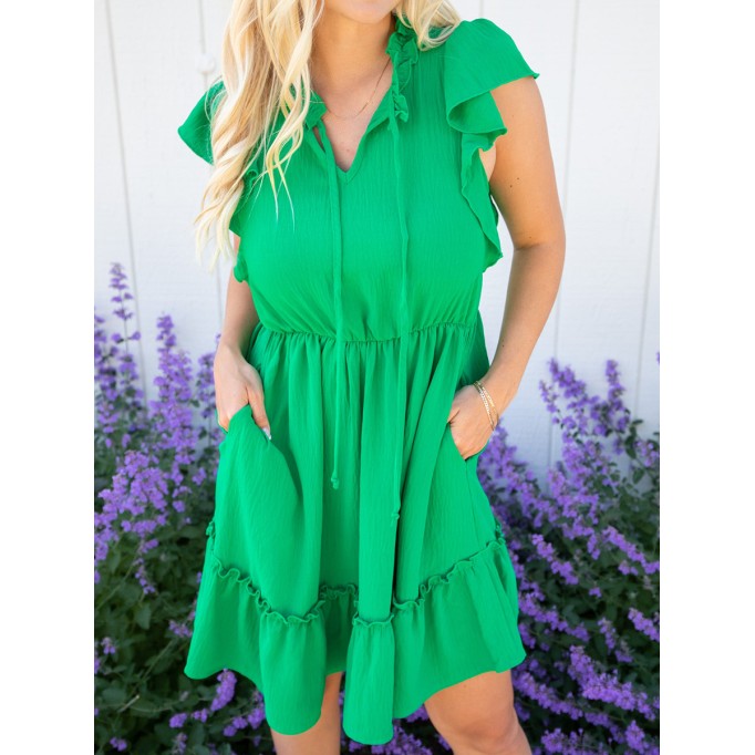 Green ruffled sleeve mini dress