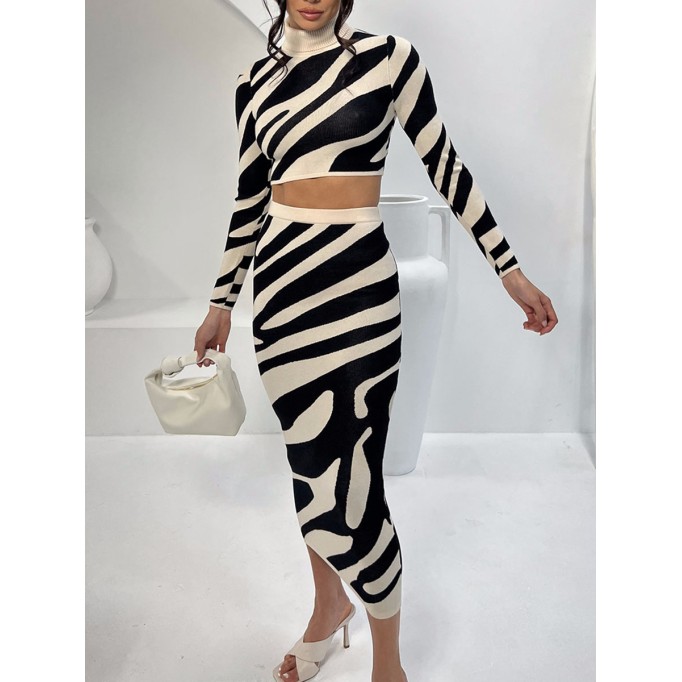 Knitted Stripe Short Top Wrapped Hip Half Skirt Set