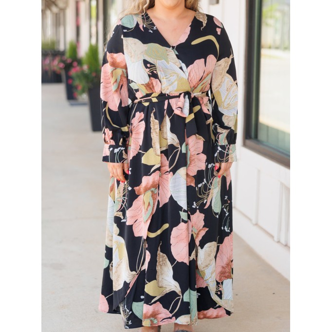 Large floral pattern printed loose fitting dress