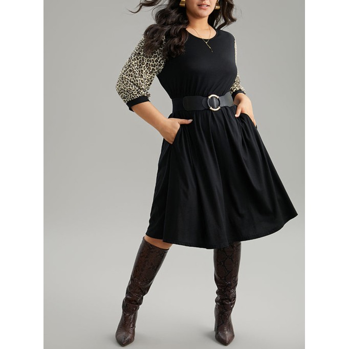 Leopard print spliced plus-size women's dress