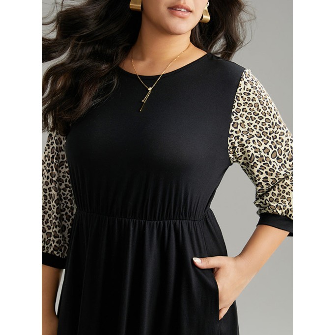 Leopard print spliced plus-size women's dress