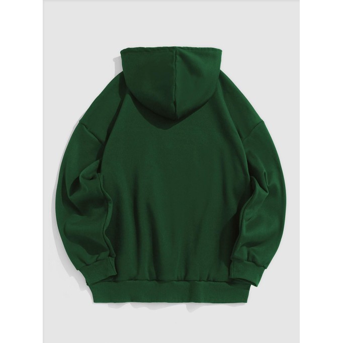 Letter-embroidered puffy fleece-lined green hoodie