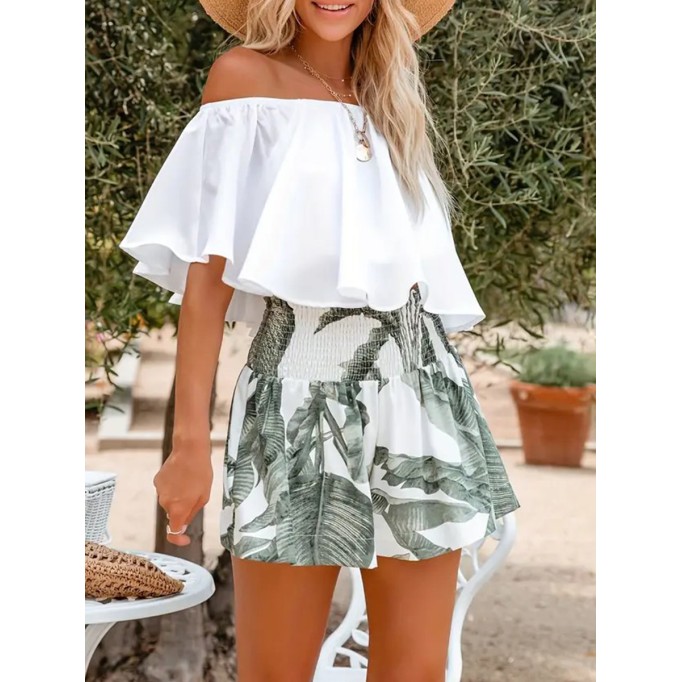 Line shoulder ruffled top + printed shorts set 2 pieces