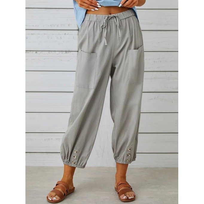 Loose-fitting high-waisted buttoned cotton and linen cropped pants