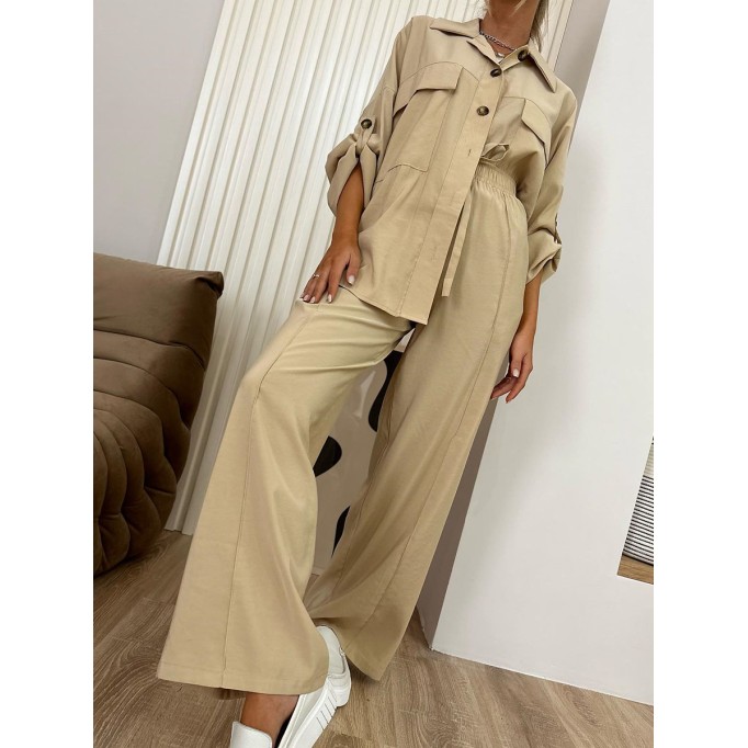 Loose fitting shirt jacket high waisted wide leg pants set