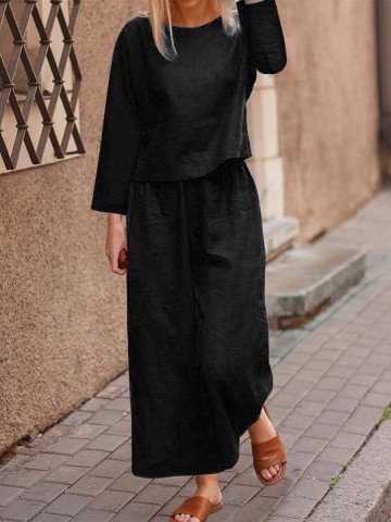 Loose solid color shirt and pants two-piece set