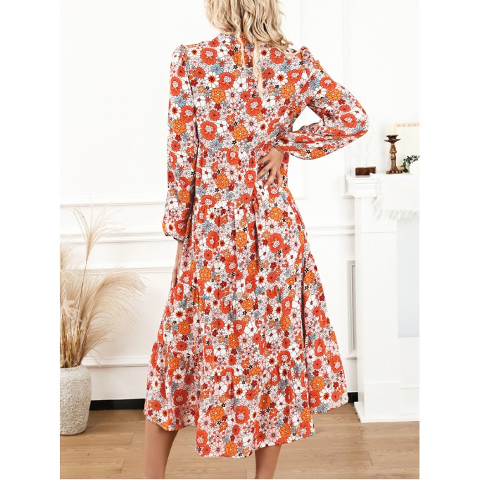 Multicolor Boho Floral Collared Long Sleeve Ruffled Dress