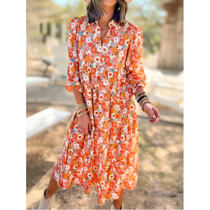 Multicolor Boho Floral Collared Long Sleeve Ruffled Dress