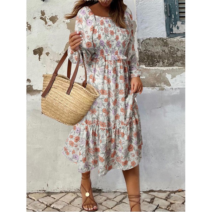 Multicolor Floral Smocked Long Sleeve Pocketed Dress