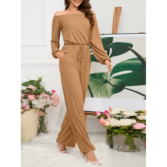 Off Shoulder Long Sleeve Lace up Wide Leg Pants Jumpsuit