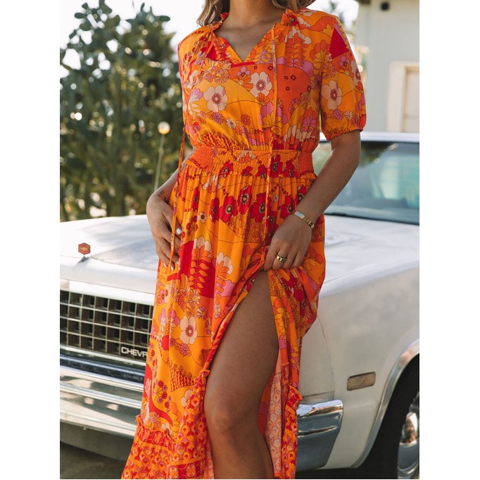 Orange Boho Floral Smocked Waist Maxi Dress with Slit