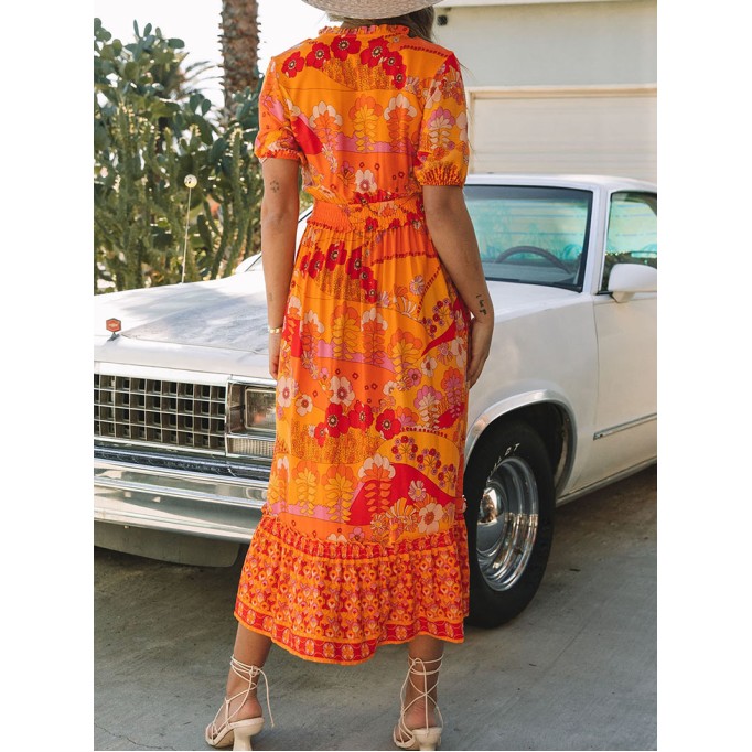 Orange Boho Floral Smocked Waist Maxi Dress with Slit