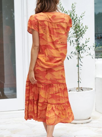 Orange V-neck cross neckline print waist dress