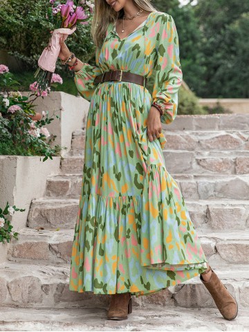 Printed Tie Neck Long Sleeve Maxi Dress