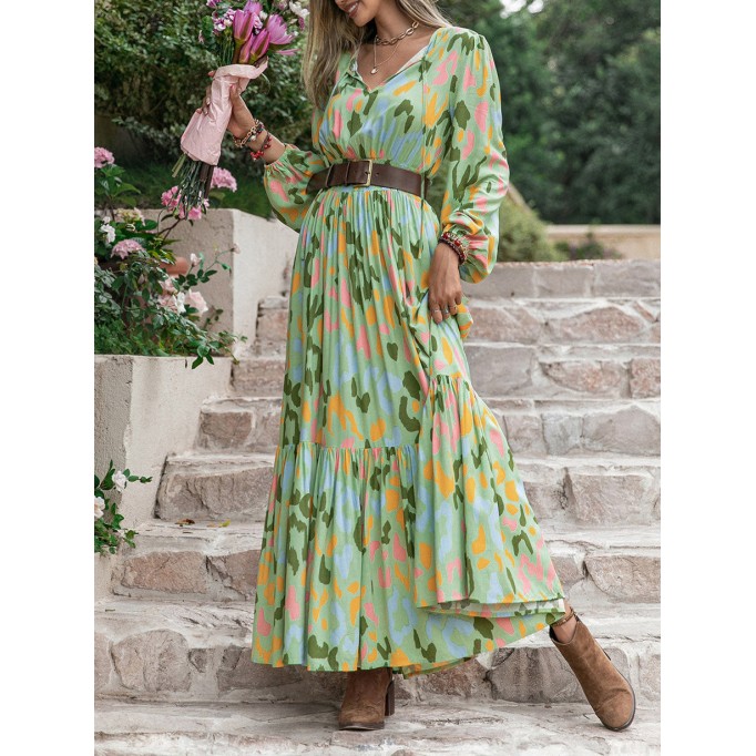 Printed Tie Neck Long Sleeve Maxi Dress