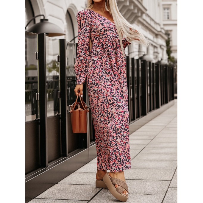 Printed V-Neck Long Sleeve Maxi Dress