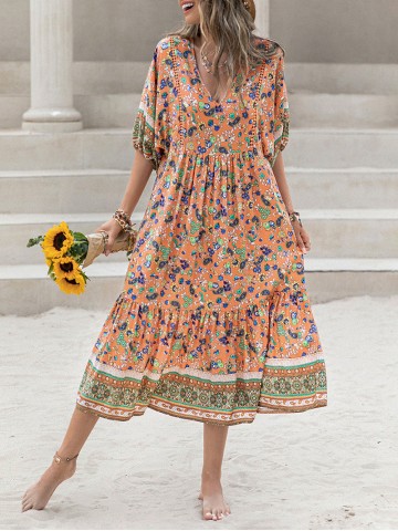 Printed V-Neck Short Sleeve Midi Dress