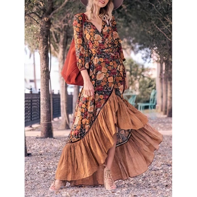 Retro Long Sleeve Printed Long Dress