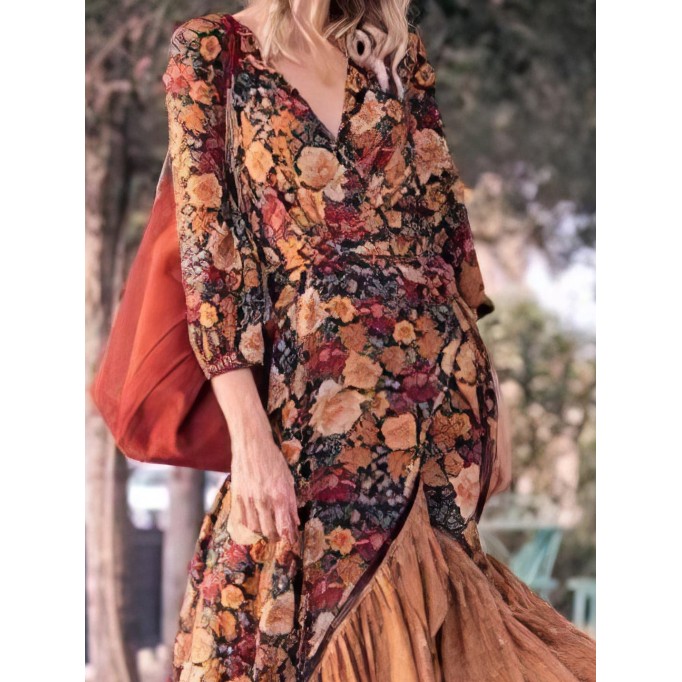 Retro Long Sleeve Printed Long Dress