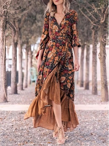 Retro Long Sleeve Printed Long Dress